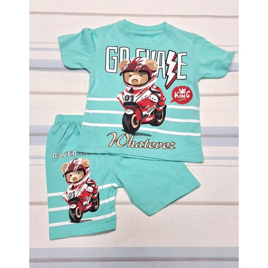 Детски летен комплект в светло зелено/синьо с МЕЧО МОТОРИСТ