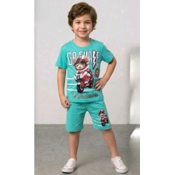 Детски летен комплект в светло зелено/синьо с МЕЧО МОТОРИСТ