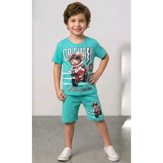 Детски летен комплект в светло зелено/синьо с МЕЧО МОТОРИСТ