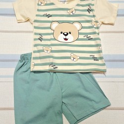 Детски летен комплект в екрю и зелено райе МЕЧКО