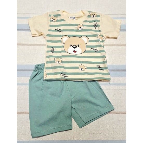 Детски летен комплект в екрю и зелено райе МЕЧКО