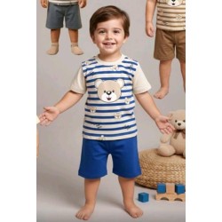 Детски летен комплект в екрю и  синьо райе МЕЧКО