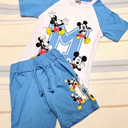 Детски летен комплект в синьо и бяло с МИКИ МАУС Детски летен комплект в синьо и бяло с МИКИ МАУС