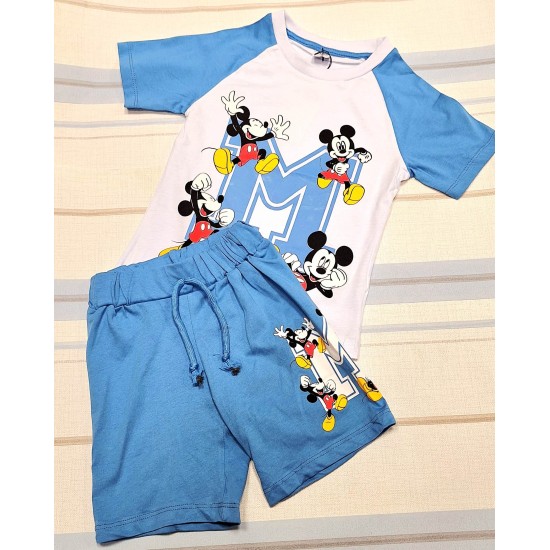 Детски летен комплект в синьо и бяло с МИКИ МАУС Детски летен комплект в синьо и бяло с МИКИ МАУС
