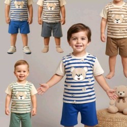 Детски летен комплект в екрю и зелено райе МЕЧКО