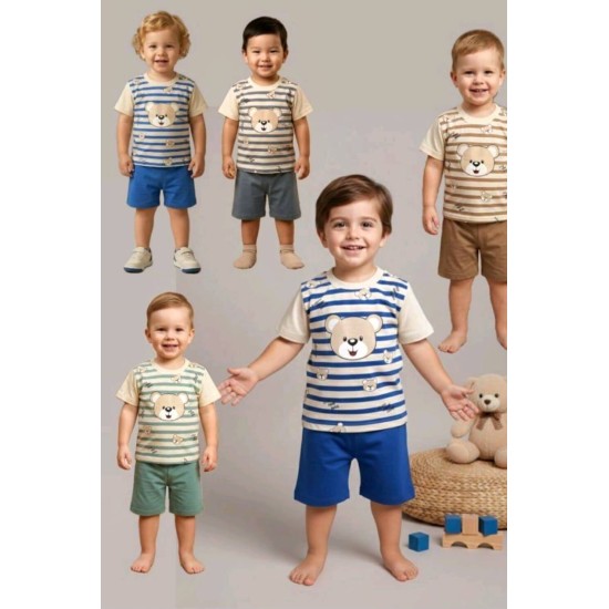 Детски летен комплект в екрю и зелено райе МЕЧКО