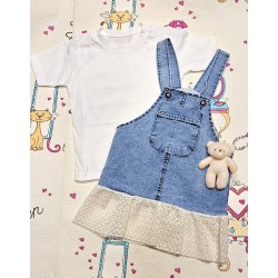 Детска лятна дънкова рокля/сукман с бяла тениска с играчка Мечо