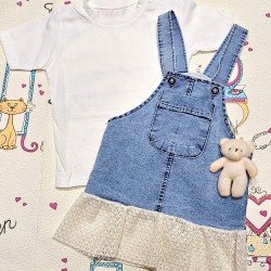 Детска лятна дънкова рокля/сукман с бяла тениска с играчка Мечо