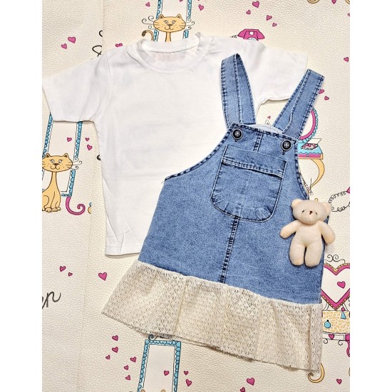 Детска лятна дънкова рокля/сукман с бяла тениска с играчка Мечо