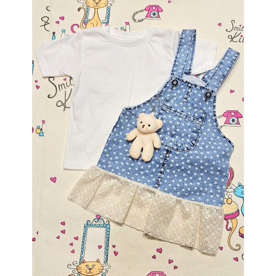 Детска лятна дънкова рокля/сукман с бяла тениска с играчка Звездички Детска лятна дънкова рокля/сукман с бяла тениска с играчка Звездички