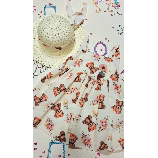 Детска лятна рокля в екрю с меченца и шапка