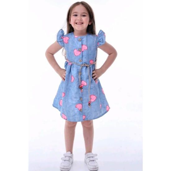 Лятна детска рокля в синьо с розови сърца и коланче