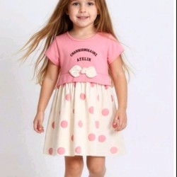 Детска лятна рокля в розово и екрю на точки