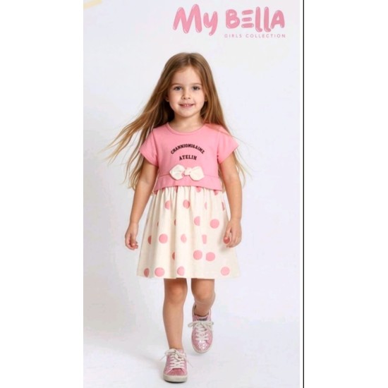 Детска лятна рокля в розово и екрю на точки