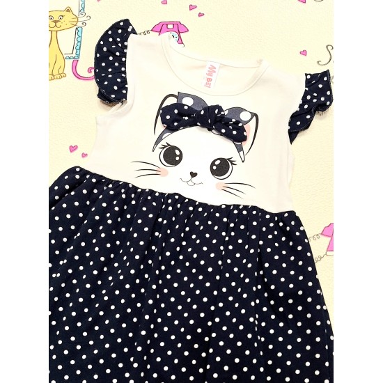 Детска лятна рокля в бяло и тъмносиньо на точки КОТЕНЦЕ