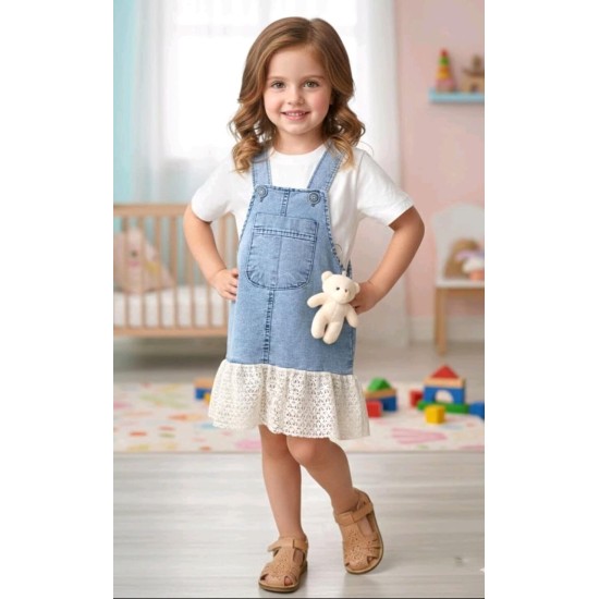 Детска лятна дънкова рокля/сукман с бяла тениска с играчка Мечо