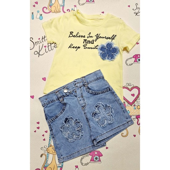 Детски летен комплект с дънкови панталонки и жълта тениска ЦВЕТЕ