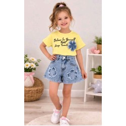 Детски летен комплект с дънкови панталонки и жълта тениска ЦВЕТЕ
