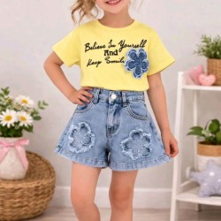 Детски летен комплект с дънкови панталонки и жълта тениска ЦВЕТЕ