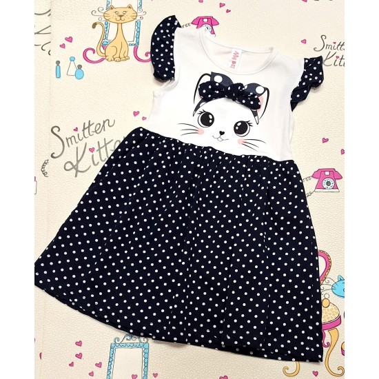 Детска лятна рокля в бяло и тъмносиньо на точки КОТЕНЦЕ