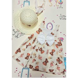 Детска лятна рокля в екрю с меченца и шапка