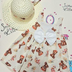 Детска лятна рокля в екрю с меченца и шапка Детска лятна рокля в екрю с меченца и шапка