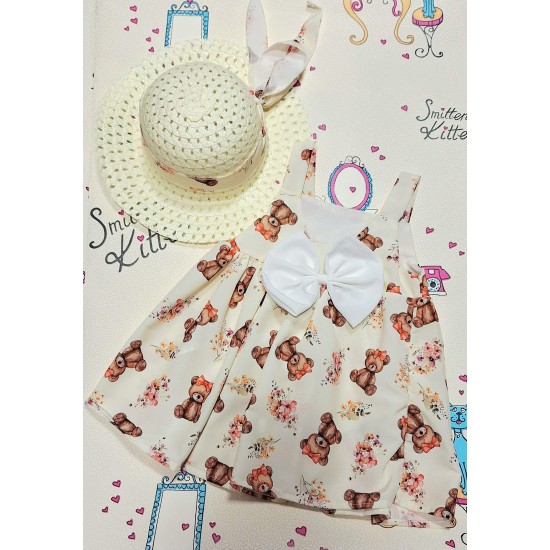 Детска лятна рокля в екрю с меченца и шапка