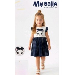 Детска лятна рокля в бяло и тъмносиньо на точки КОТЕНЦЕ