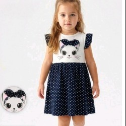 Детска лятна рокля в бяло и тъмносиньо на точки КОТЕНЦЕ