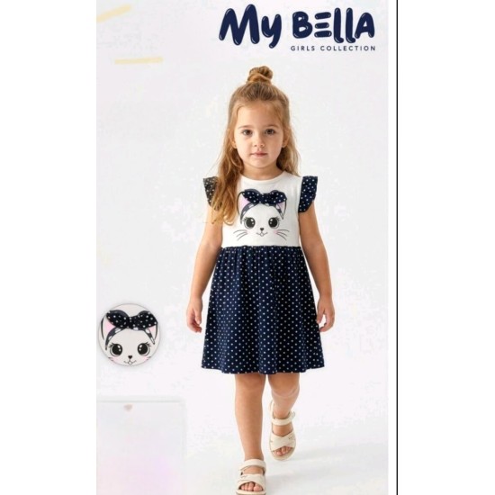 Детска лятна рокля в бяло и тъмносиньо на точки КОТЕНЦЕ