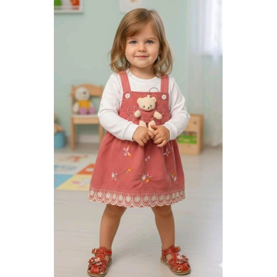Детска рокля със сукман в корал и бяла блуза с ИГРАЧКА