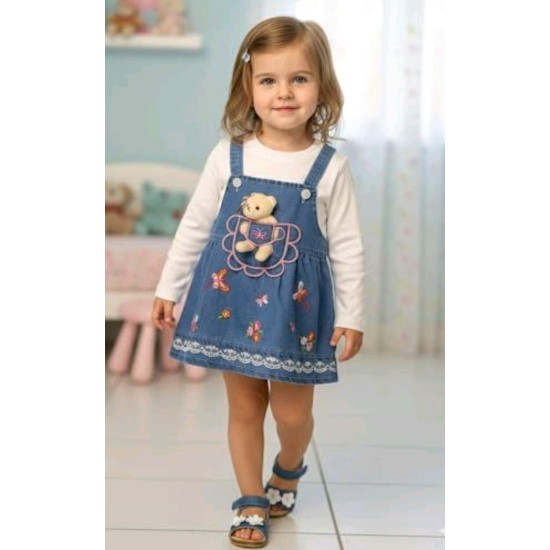 Детска рокля с дънков сукман и бяла блуза с ИГРАЧКА