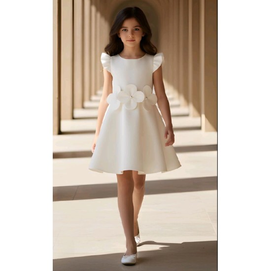 Официална детска рокля в бяло без ръкав БЕЛА с цветя