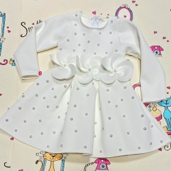 Официална детска рокля в бяло с дълъг ръкав ЛЕЙДИ с цветя и перли