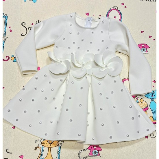 Официална детска рокля в бяло с дълъг ръкав ЛЕЙДИ с цветя и перли