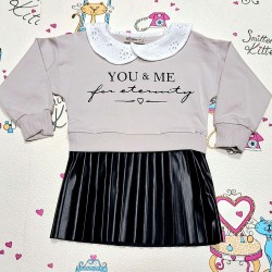 Детска рокля в сиво и черна кожа с якичка Детска рокля в сиво и черна кожа с якичка