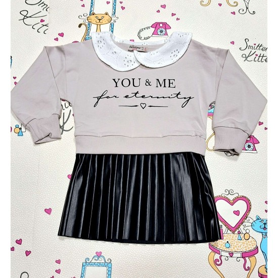 Детска рокля в сиво и черна кожа с якичка