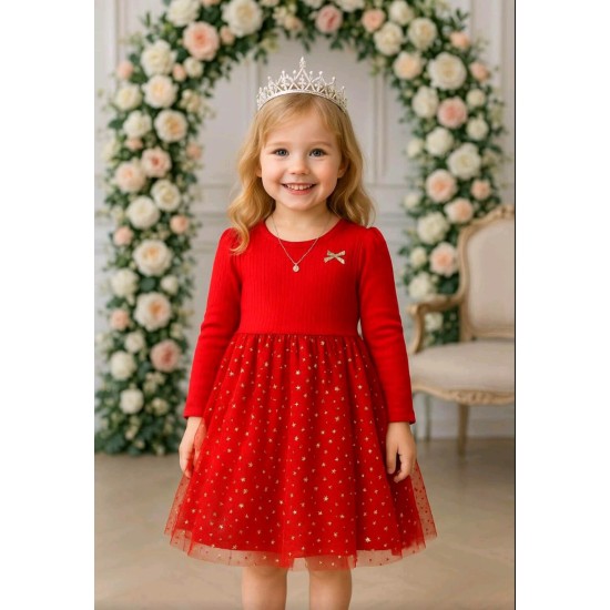 Коледна детска рокля в червено с тюл и златни звездички