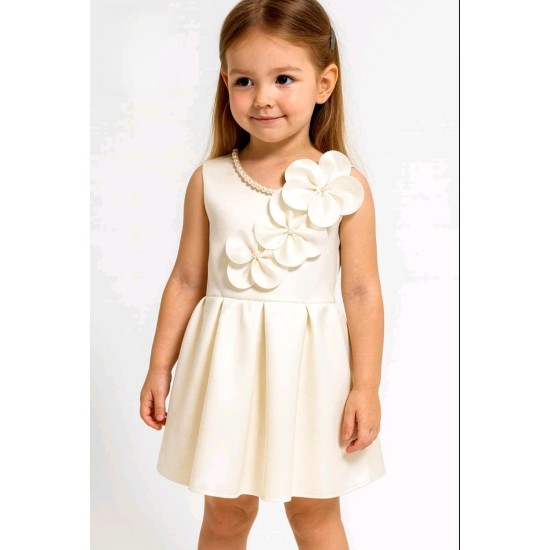 Официална детска рокля в бяло без ръкав ЛЕЙДИ с цветя и перли Официална детска рокля в бяло без ръкав ЛЕЙДИ с цветя и перли