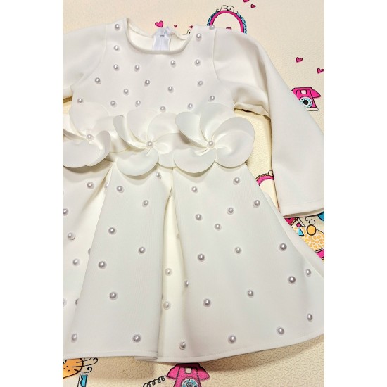 Официална детска рокля в бяло с дълъг ръкав ЛЕЙДИ с цветя и перли