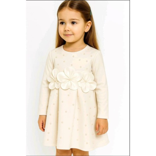 Официална детска рокля в бяло с дълъг ръкав ЛЕЙДИ с цветя и перли