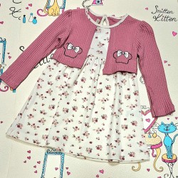 Детска рокля в бяло с декоративно розово болеро с цветчета