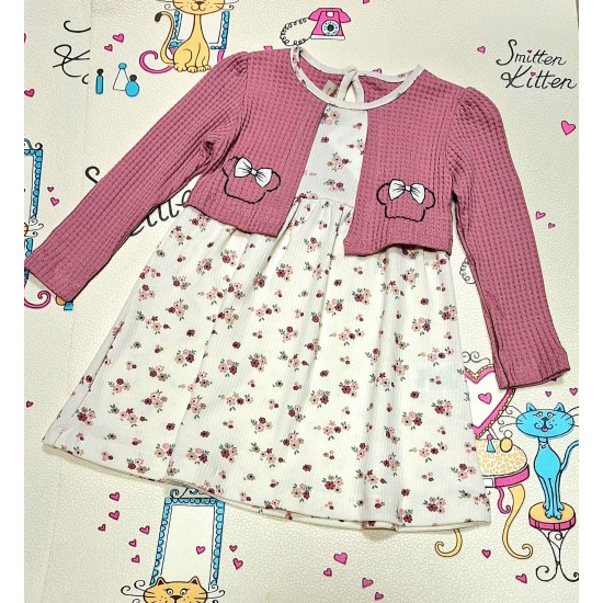 Детска рокля в бяло с декоративно розово болеро с цветчета