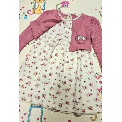 Детска рокля в бяло с декоративно розово болеро с цветчета