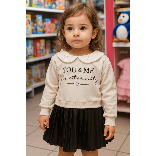 Детска рокля в сиво и черна кожа с якичка