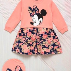 Детска рокля в прасковено розово с Мини Маус с цветя Детска рокля в прасковено розово с Мини Маус с цветя