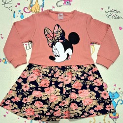 Детска рокля в прасковено розово с Мини Маус с цветя Детска рокля в прасковено розово с Мини Маус с цветя