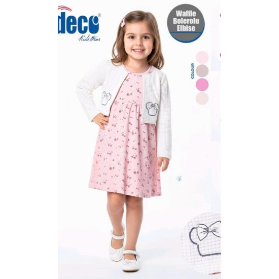 Детска рокля в светло розово с декоративно бяло болеро с цветчета