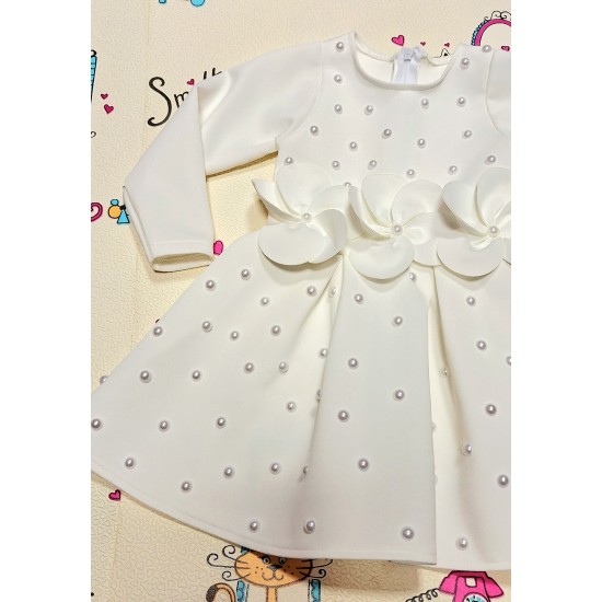 Официална детска рокля в бяло с дълъг ръкав ЛЕЙДИ с цветя и перли