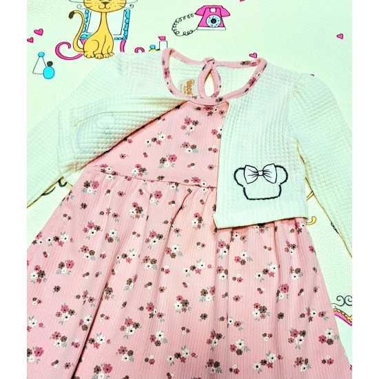 Детска рокля в светло розово с декоративно бяло болеро с цветчета